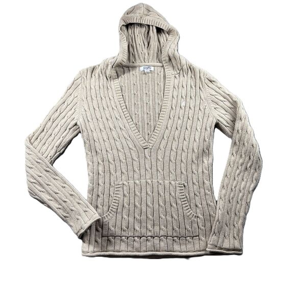 Old Navy Women Vintage Cable Knit Hooded Sweater Deep V-Neck Beige Large H231 - Picture 1 of 10